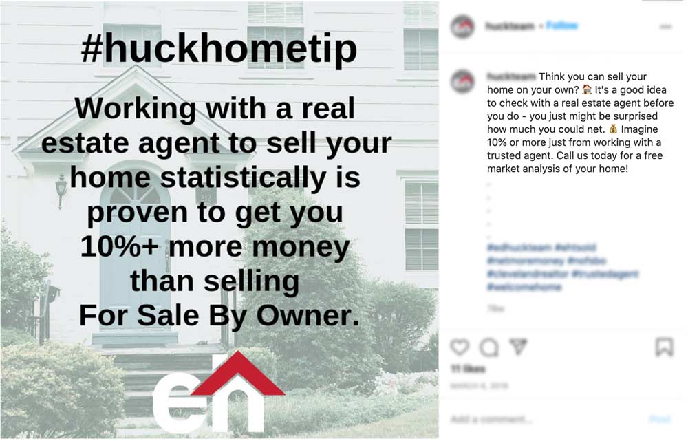 An instagram post of an agent saying that FSBO homes sell for 10 percent less.