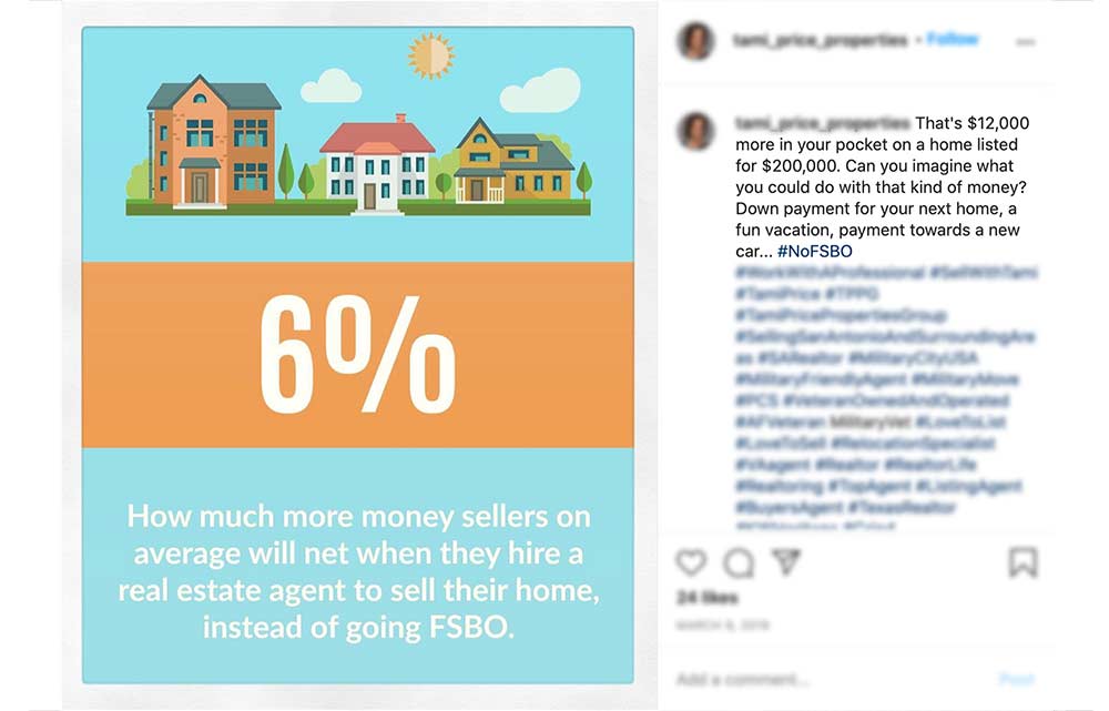 An instagram post of an agent saying that FSBO homes sell for 6 percent less.