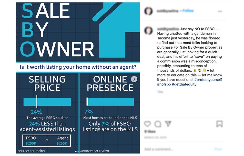 An instagram post of an agent saying that FSBO homes sell for 24 percent less.